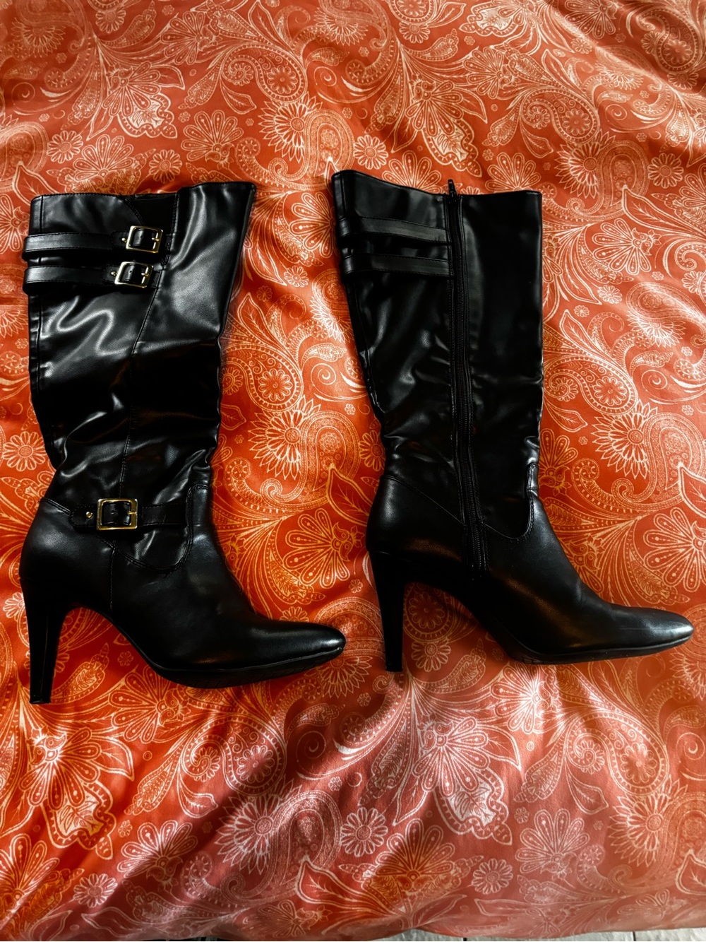 Rialto Black Knee-High Heeled Boots with Buckle Accents